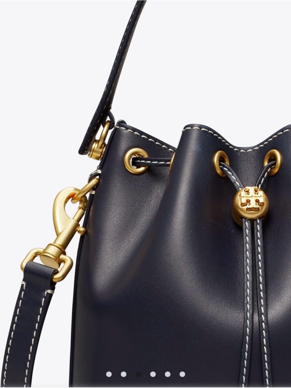 Tory Burch T Monogram Leather Bucket Bag Midnight Navy With Gold Accent - Picture 3 of 16